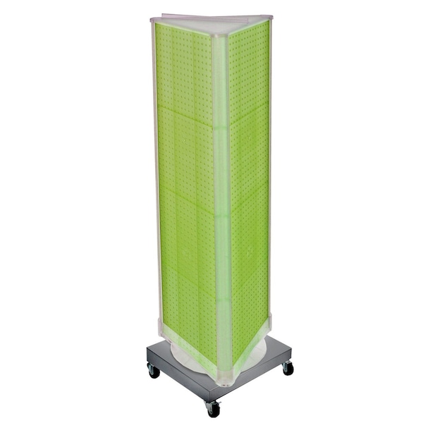 Three-Sided Revolving Pegboard Tower Floor Display on Wheeled Metal Base. Spinner Rack Stand.